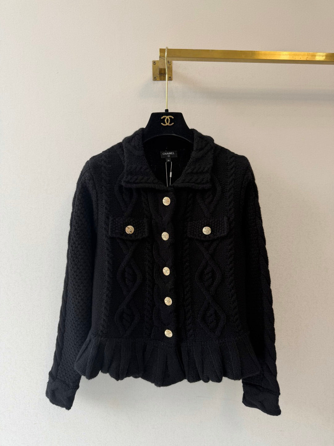 Chanel 2026 Cable Knit Ruffle Hem Collared Cardigan Jacket Cashmere 438210