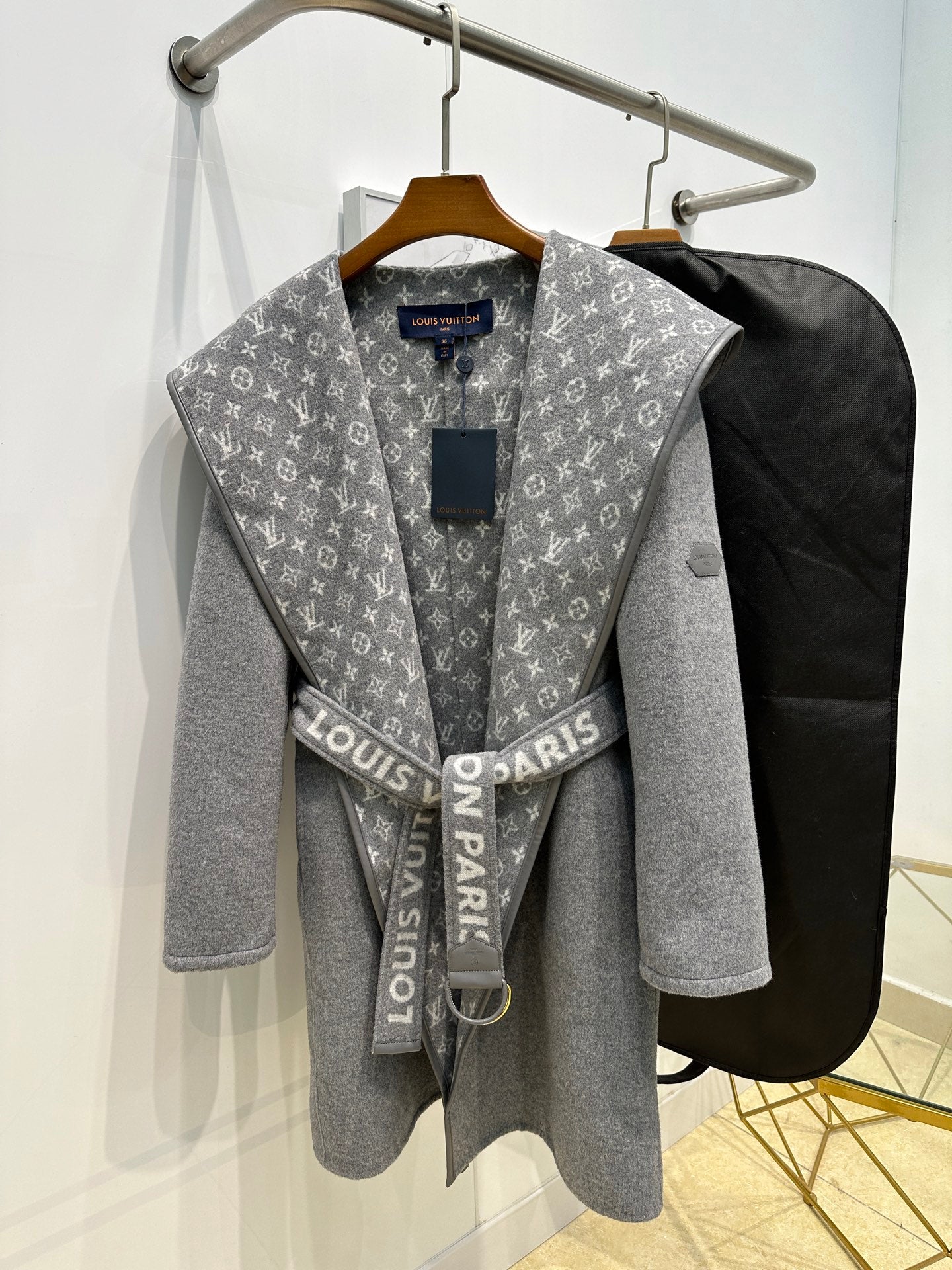 LV 26S Monogram Hooded Wrap Coat Wool Silk 440785