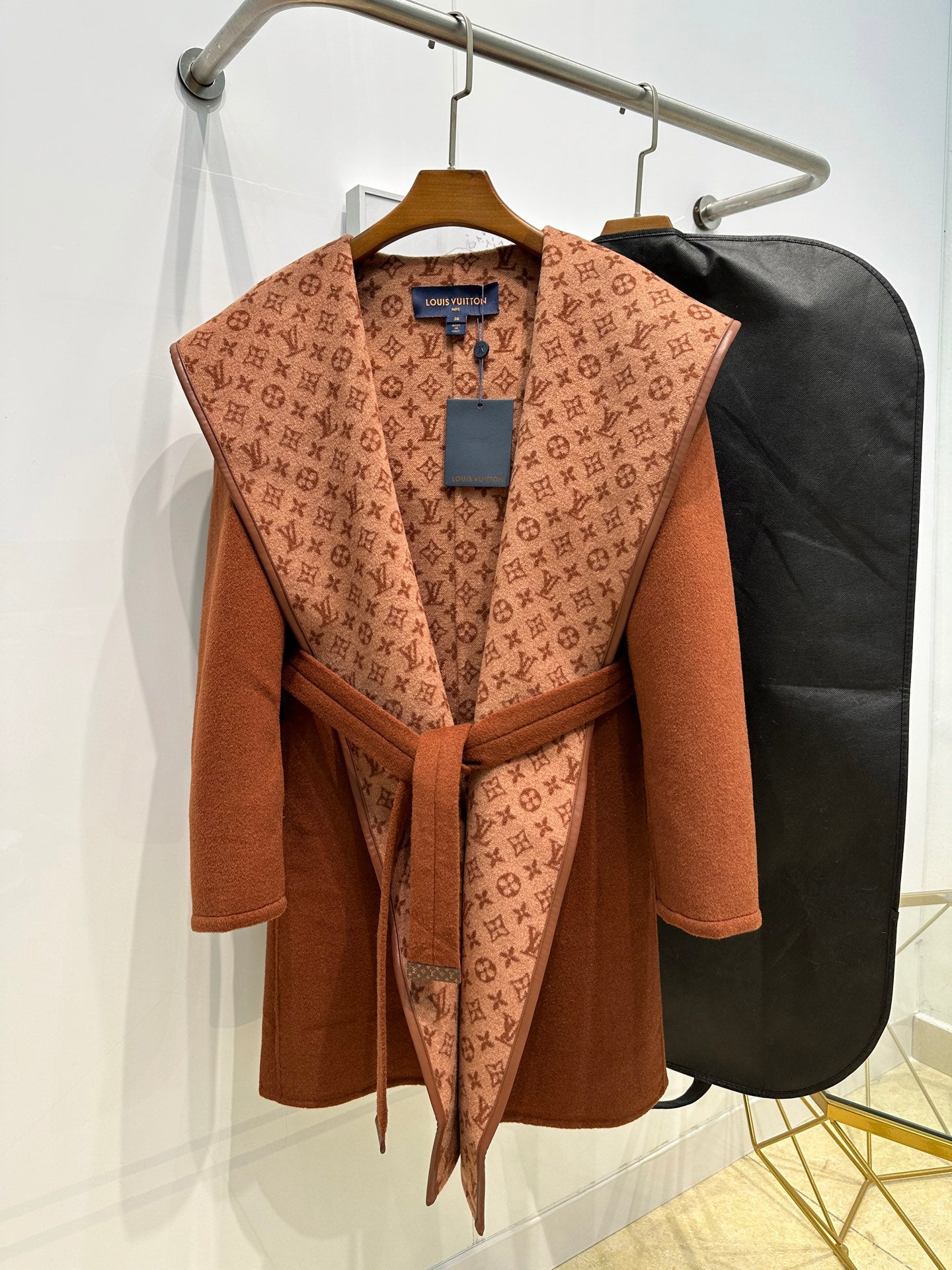LV 26S Monogram Hooded Wrap Coat Wool Silk 440785