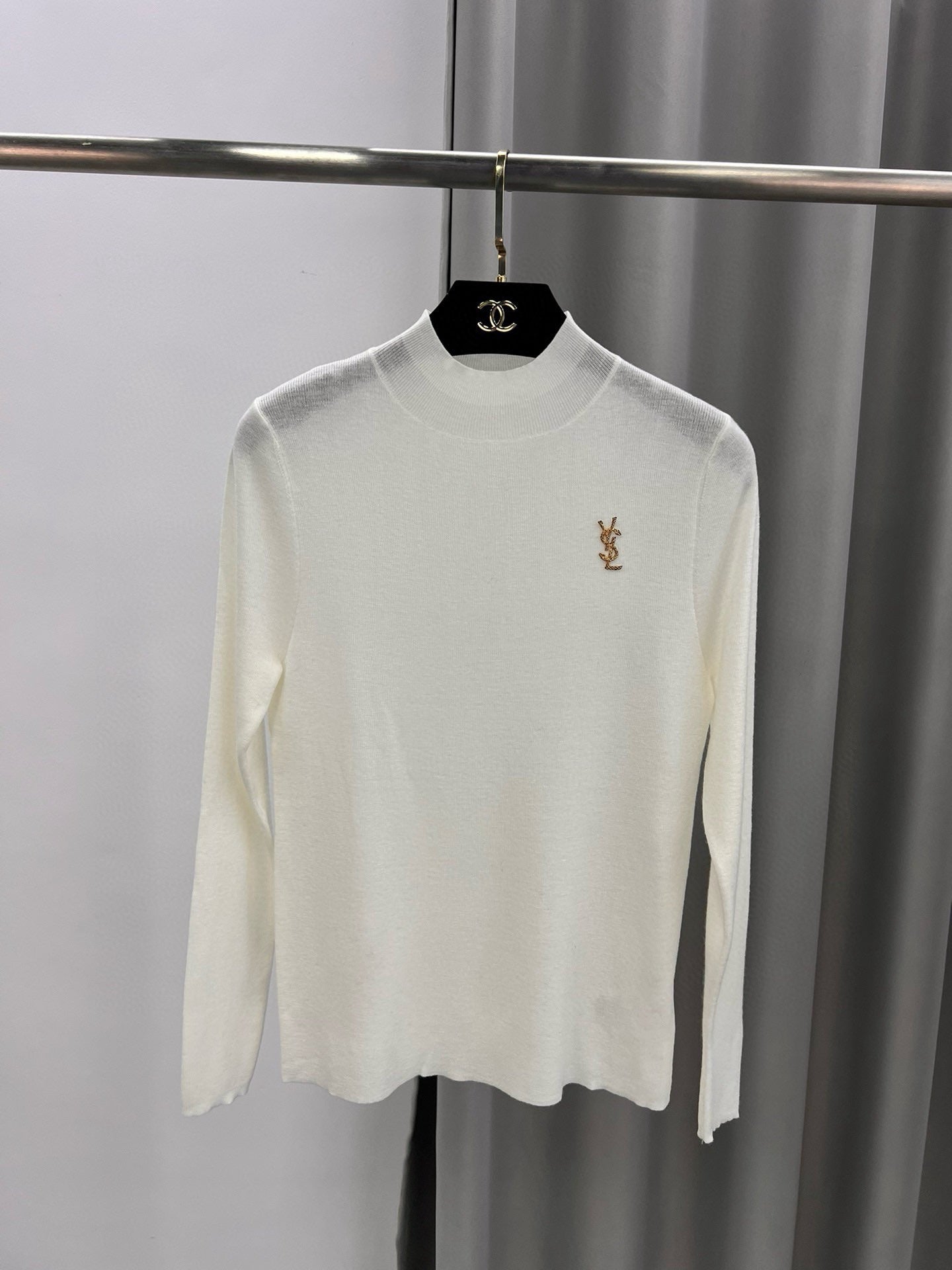 YSL Brooch Mock Neck Sweater Virgin Wool 438269