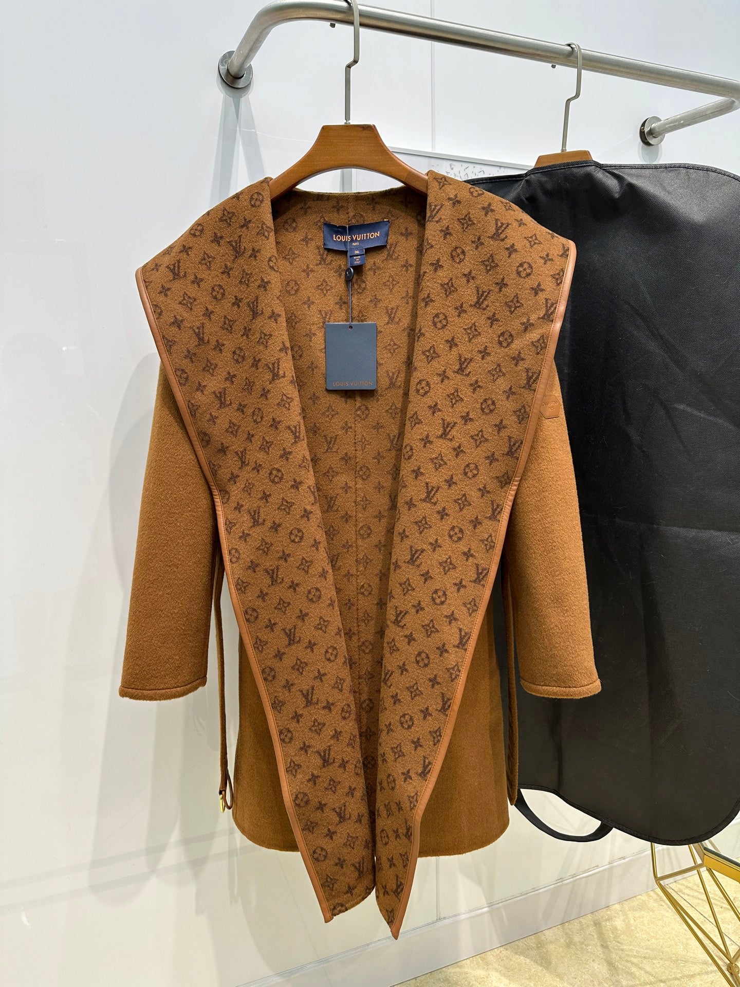 LV 26S Monogram Hooded Wrap Coat Wool Silk 440785