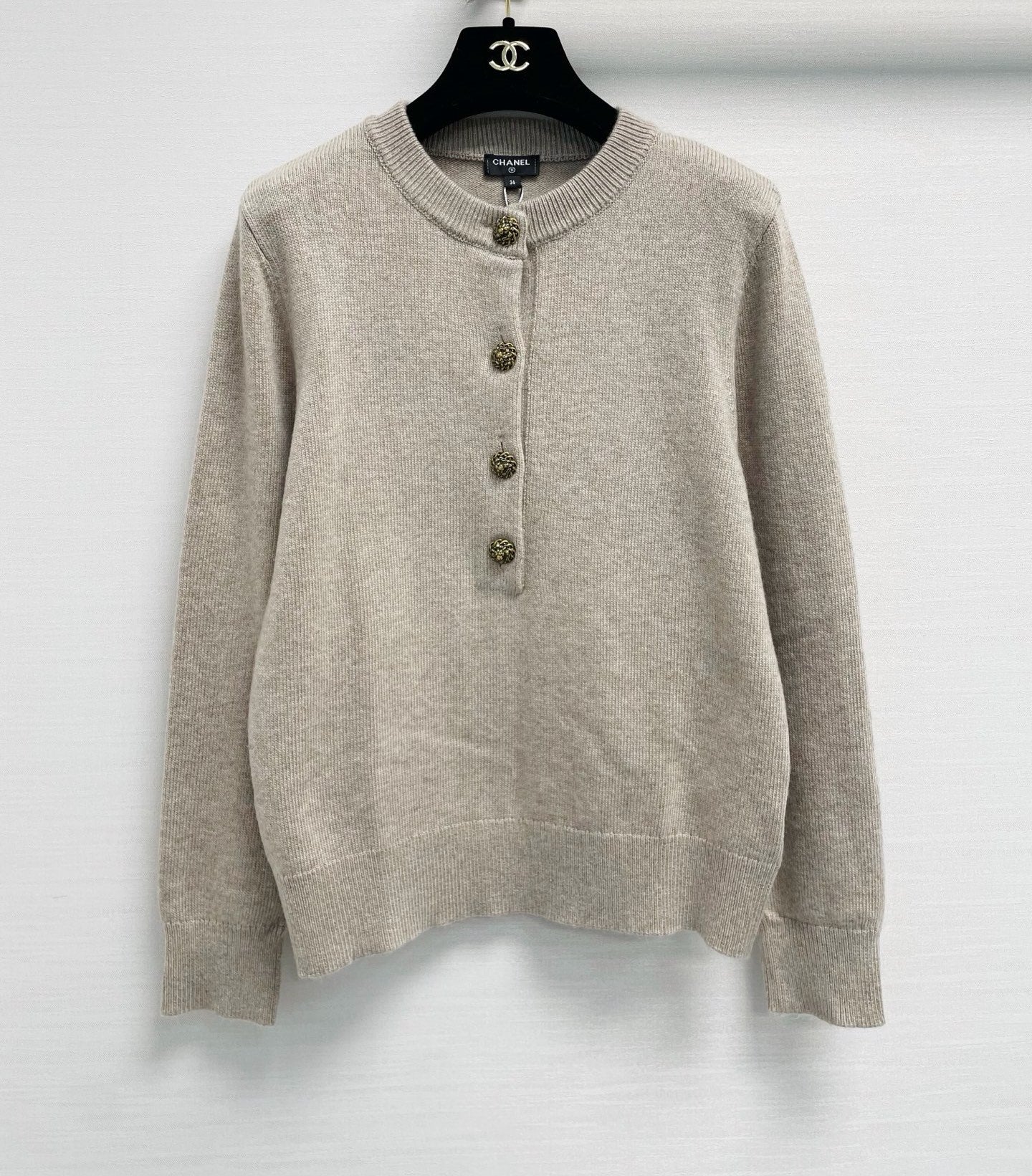 Chanel 26S Buttoned Round Neck Knit Sweater Cashmere